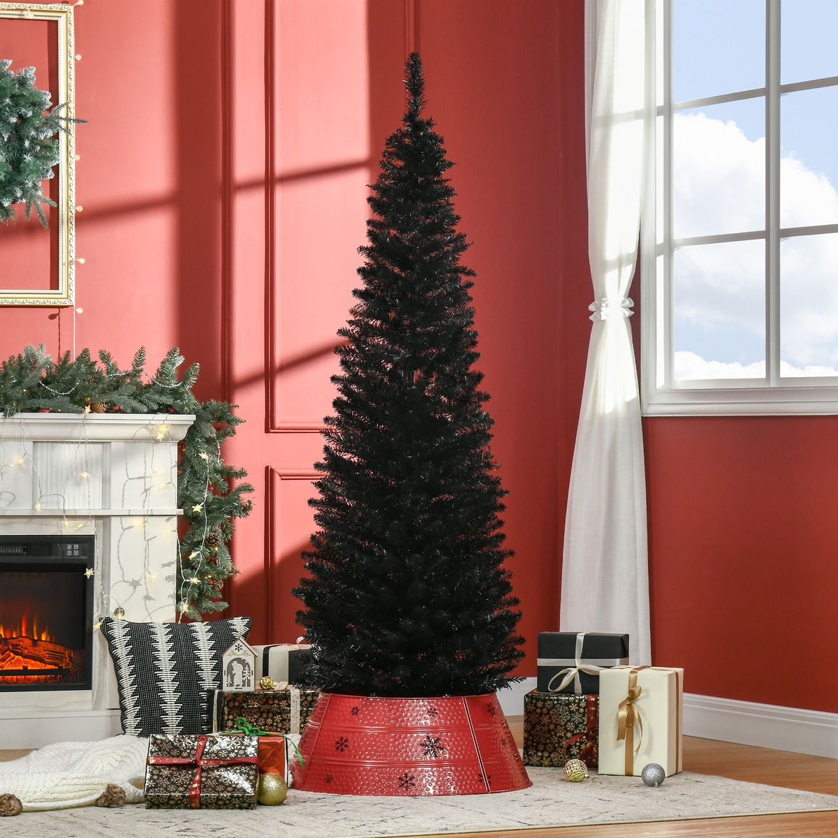 Slim black Christmas tree in a cozy living room by the fireplace