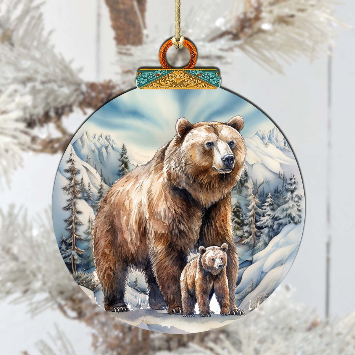 Grizzly Bear & Cub Wooden Christmas Ornament – Handcrafted in USA