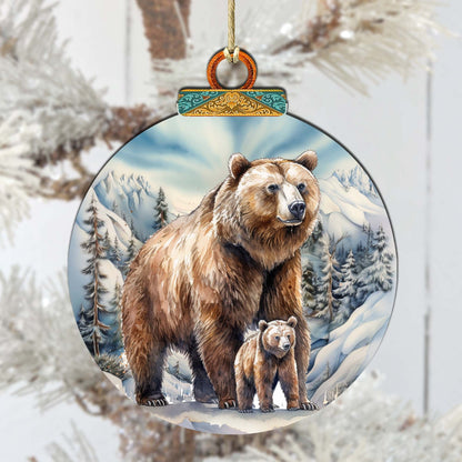 Grizzly Bear & Cub Wooden Christmas Ornament – Handcrafted in USA