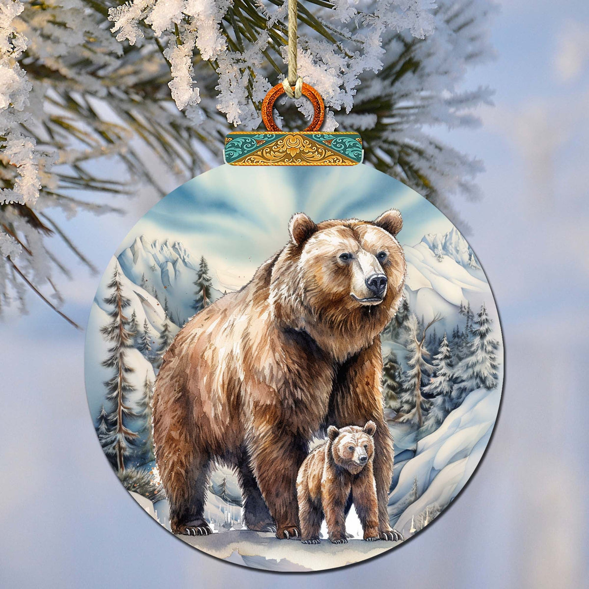 Grizzly Bear & Cub Wooden Christmas Ornament – Handcrafted in USA