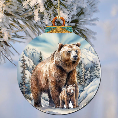 Grizzly Bear & Cub Wooden Christmas Ornament – Handcrafted in USA