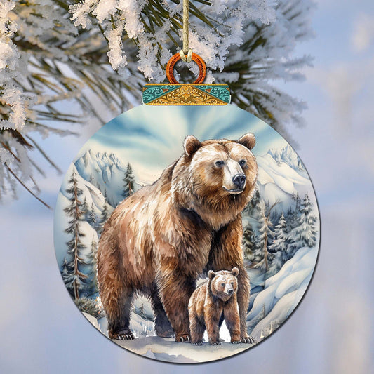 Grizzly Bear & Cub Wooden Christmas Ornament – Handcrafted in USA