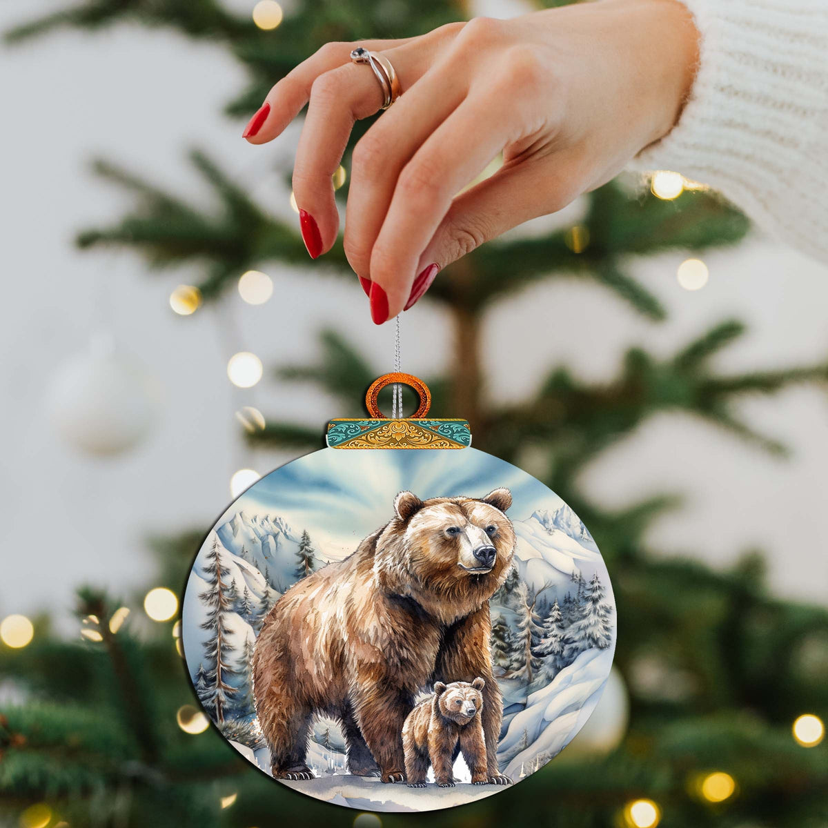 Grizzly Bear & Cub Wooden Christmas Ornament – Handcrafted in USA
