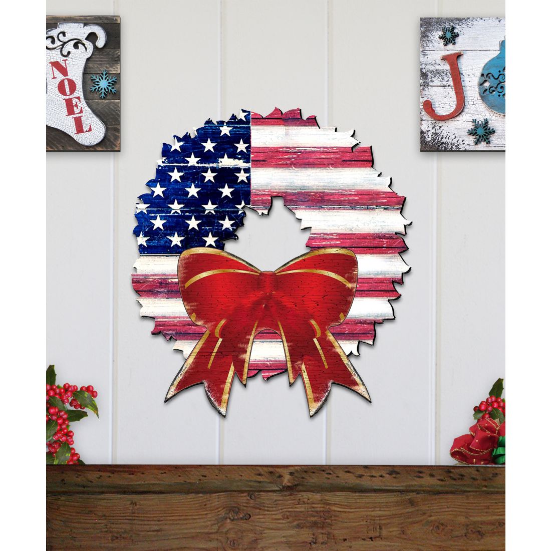 American Flag Christmas Door Hanger – Handcrafted Wood Holiday Decor