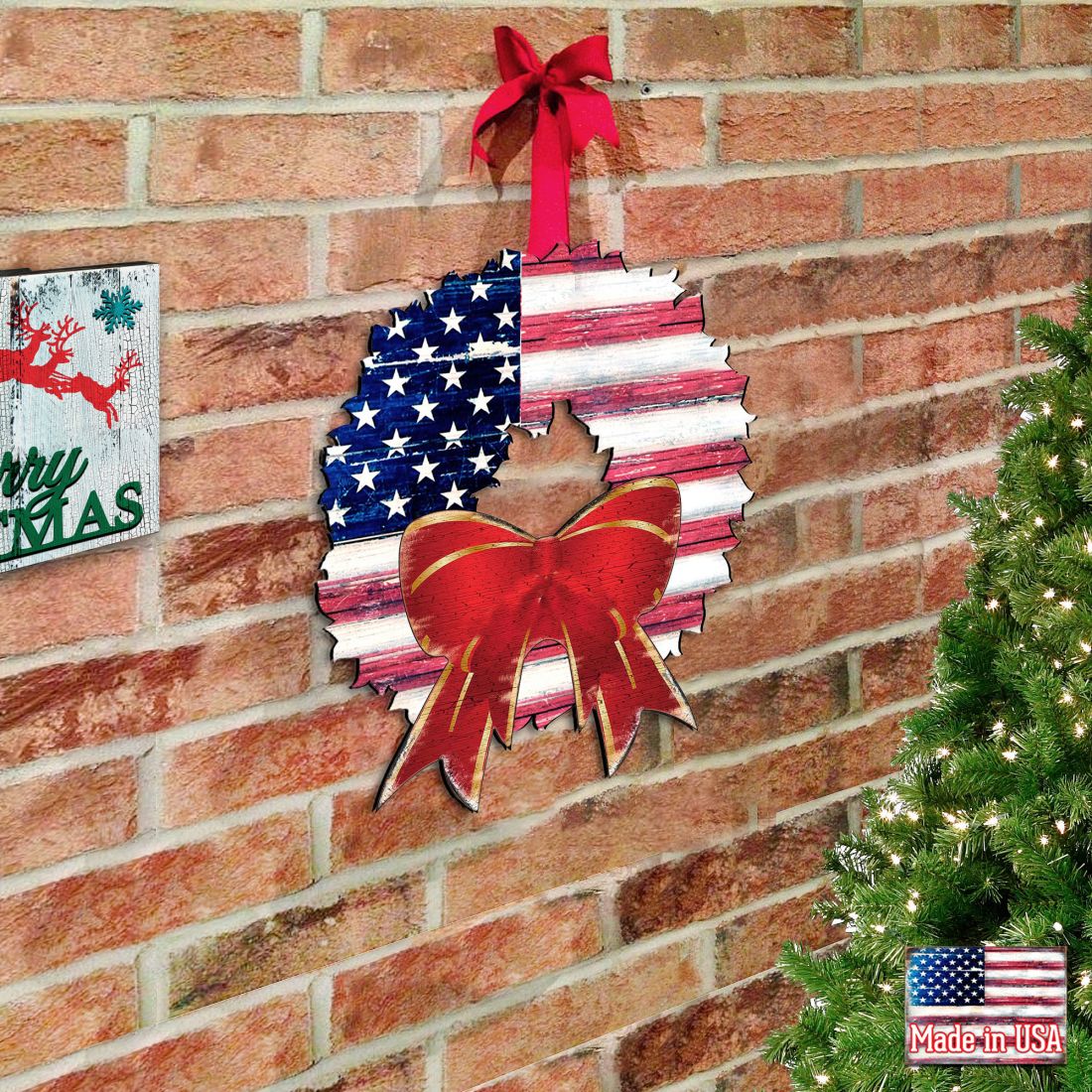 American Flag Christmas Door Hanger – Handcrafted Wood Holiday Decor