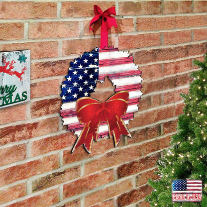 American Flag Christmas Door Hanger – Handcrafted Wood Holiday Decor