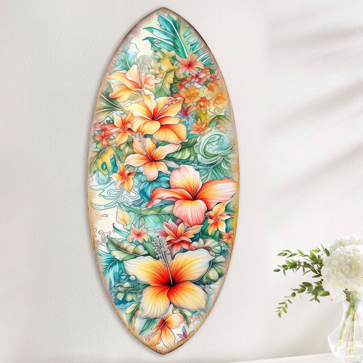 Bloom Harmony Hawaiian Floral Surfboard Wall Art – Handcrafted Wood
