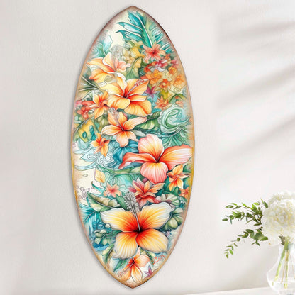 Bloom Harmony Hawaiian Floral Surfboard Wall Art – Handcrafted Wood