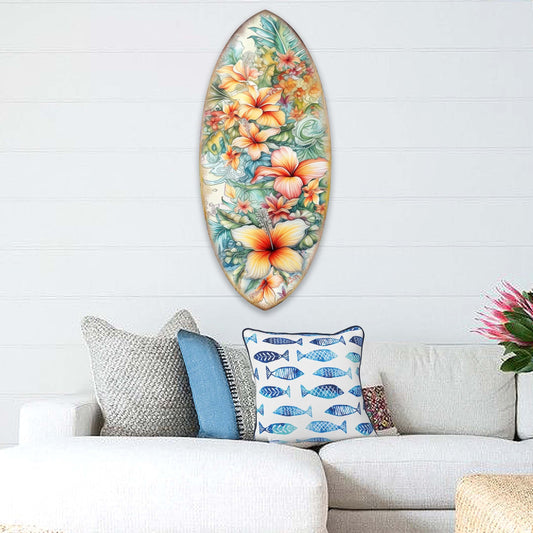 Bloom Harmony Hawaiian Floral Surfboard Wall Art – Handcrafted Wood