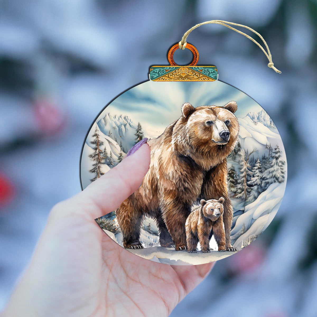 Grizzly Bear & Cub Wooden Christmas Ornament – Handcrafted in USA