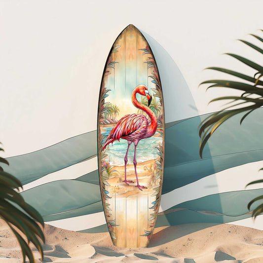 Pink Flamingo Surfboard Wall Art – Handcrafted Wood Tropical Decor