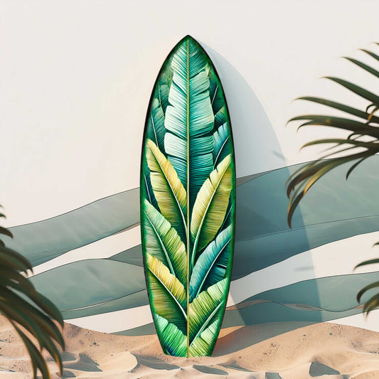 Banana Leaf Surfboard Wall Art – Handcrafted Wood Tropical Decor