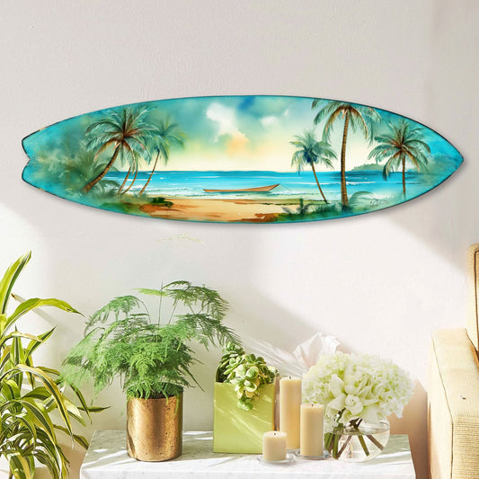 Tropical Island Surfboard Wall Art – Handcrafted Wood Beach Decor
