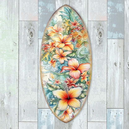 Bloom Harmony Hawaiian Floral Surfboard Wall Art – Handcrafted Wood