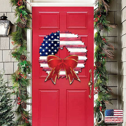 American Flag Christmas Door Hanger – Handcrafted Wood Holiday Decor