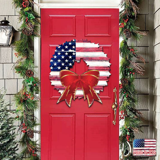 American Flag Christmas Door Hanger – Handcrafted Wood Holiday Decor