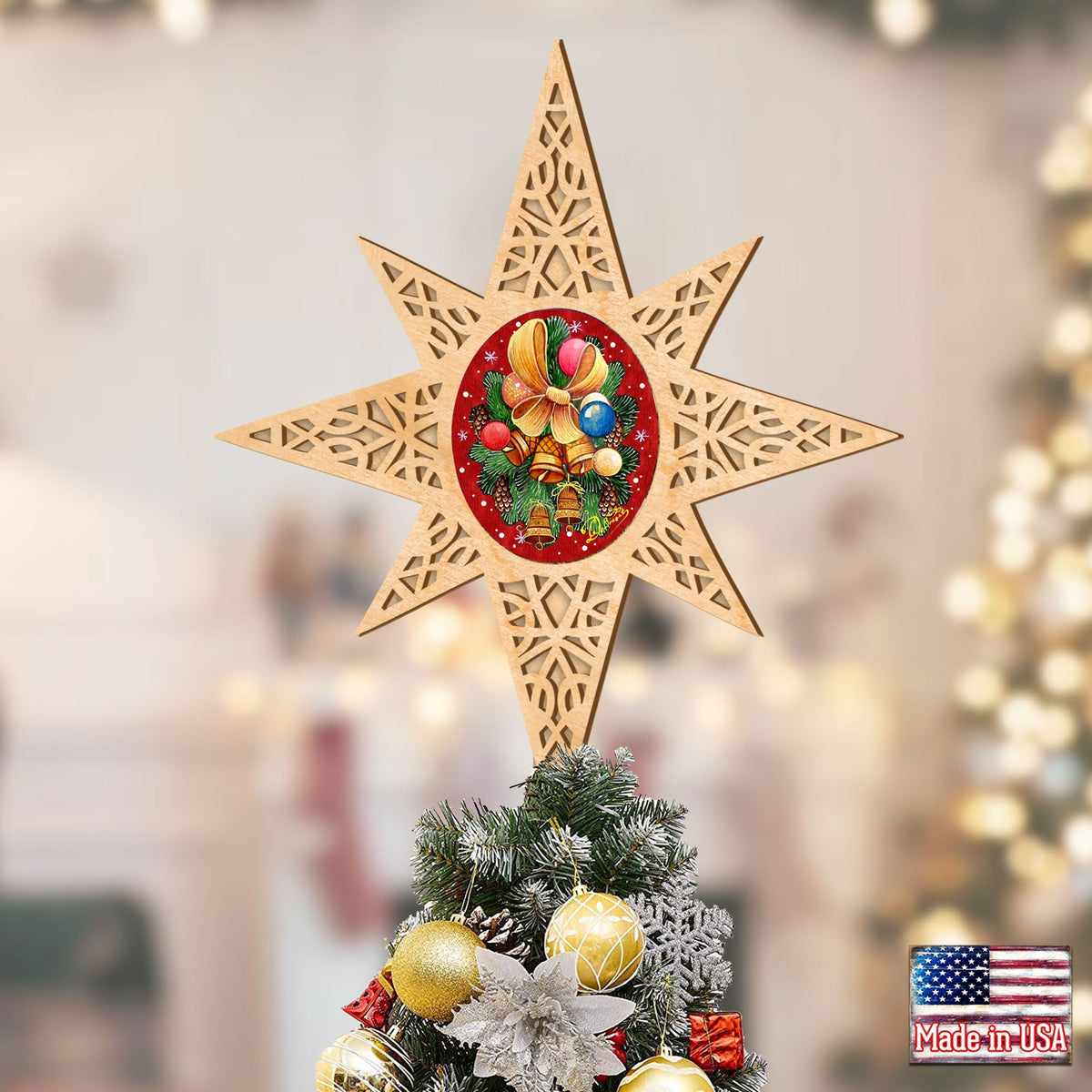 Christmas Bells Wooden Tree Topper – Handcrafted in USA