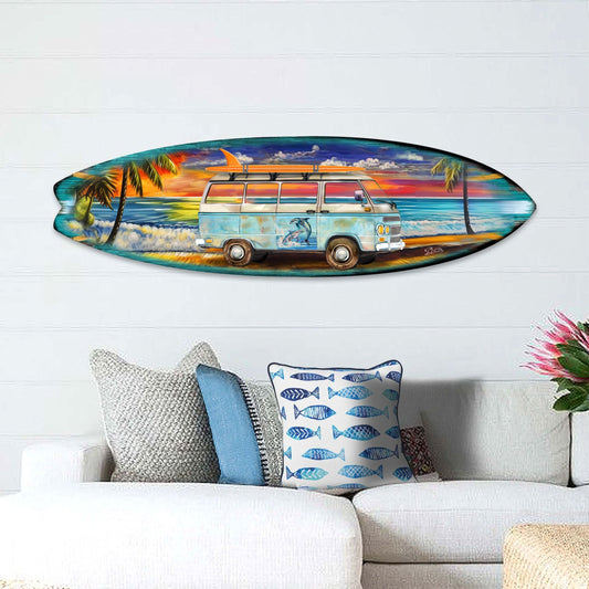 Beach Surf Van Surfboard Wall Art – Handcrafted Wood Coastal Decor