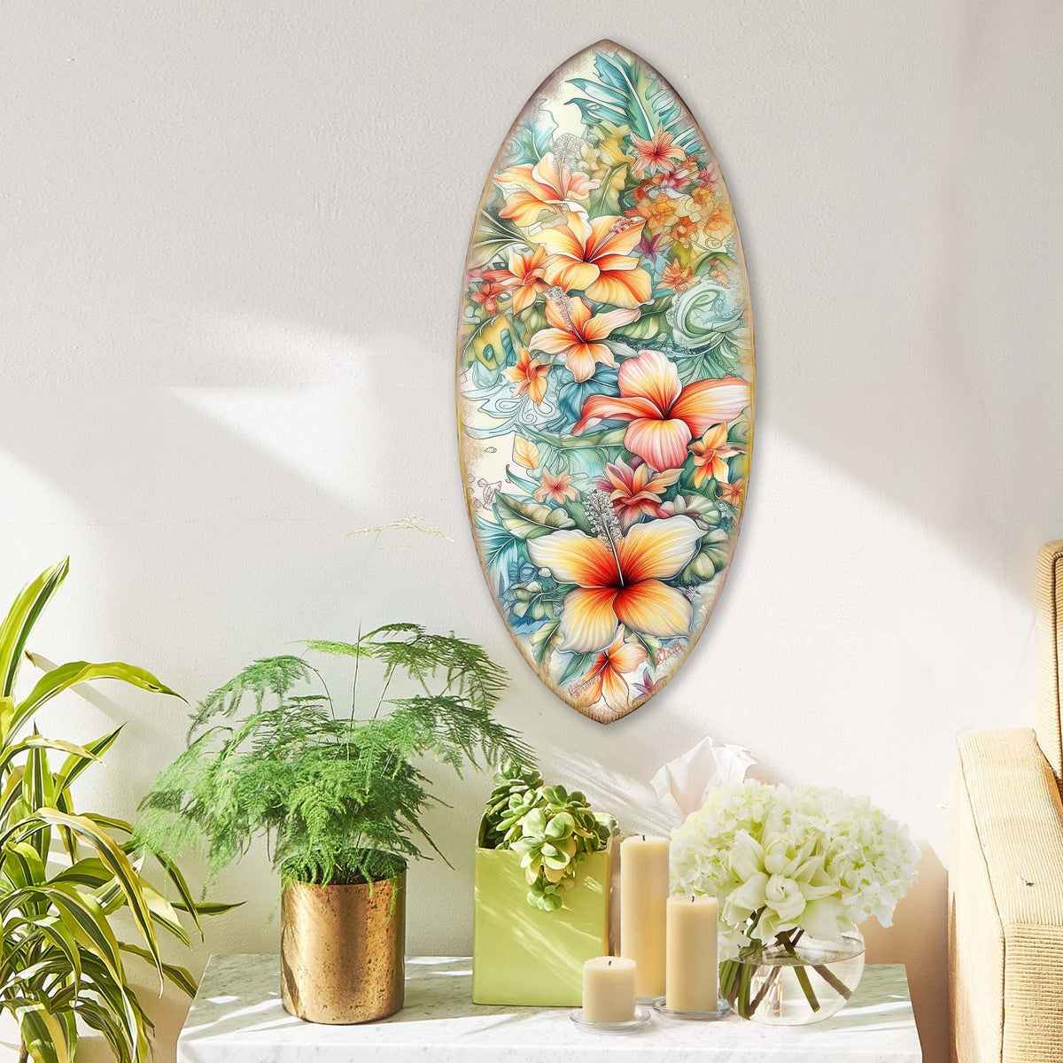 Bloom Harmony Hawaiian Floral Surfboard Wall Art – Handcrafted Wood