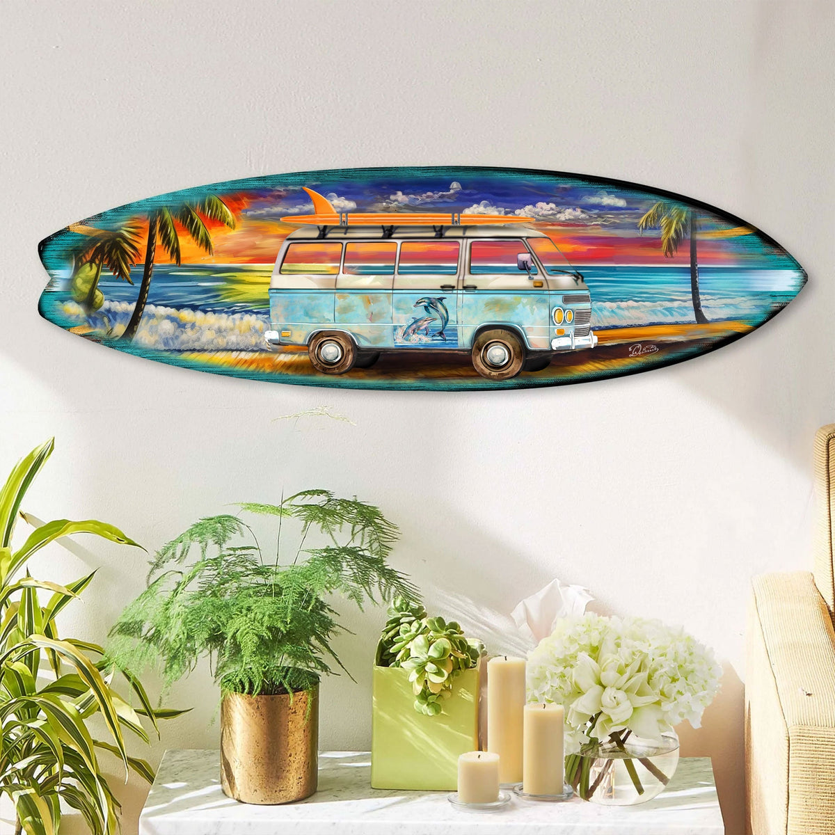 Beach Surf Van Surfboard Wall Art – Handcrafted Wood Coastal Decor