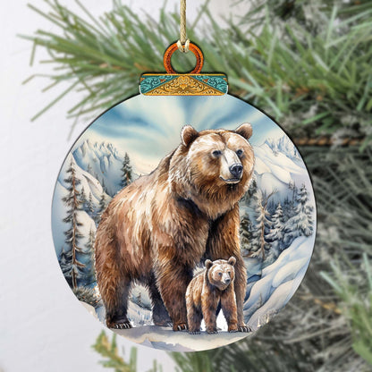 Grizzly Bear & Cub Wooden Christmas Ornament – Handcrafted in USA